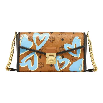 MCM Tracy Visetos Canvas With Nappa Leather Trim Clutch Wallet Crossbody Bag Medium Size Women's Brown Cognac