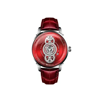 BEHRENS Original Collection Automatic Mechanical Movement Genuine Leather Strap Watch Unisex Red Watch Dial