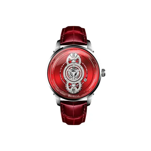 BEHRENS Original Collection Automatic Mechanical Movement Genuine Leather Strap Watch Unisex Red Watch Dial