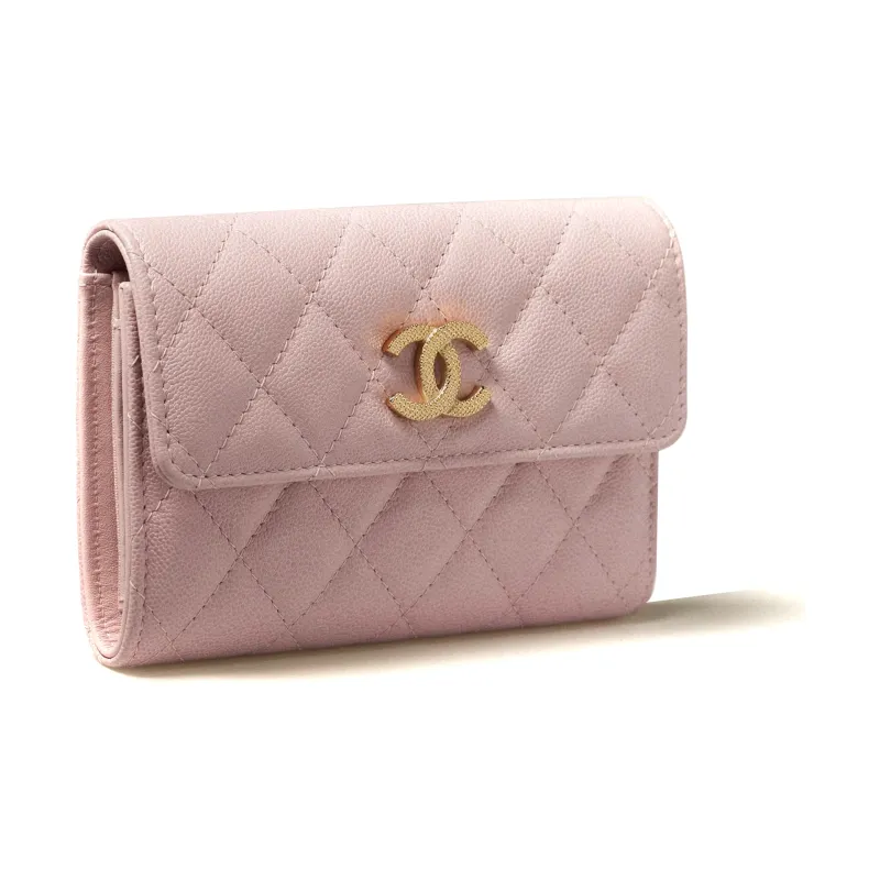 CHANEL Caviar Cow Leather And Gold Metal Flap Bag Wallet Women's Light Pink-1