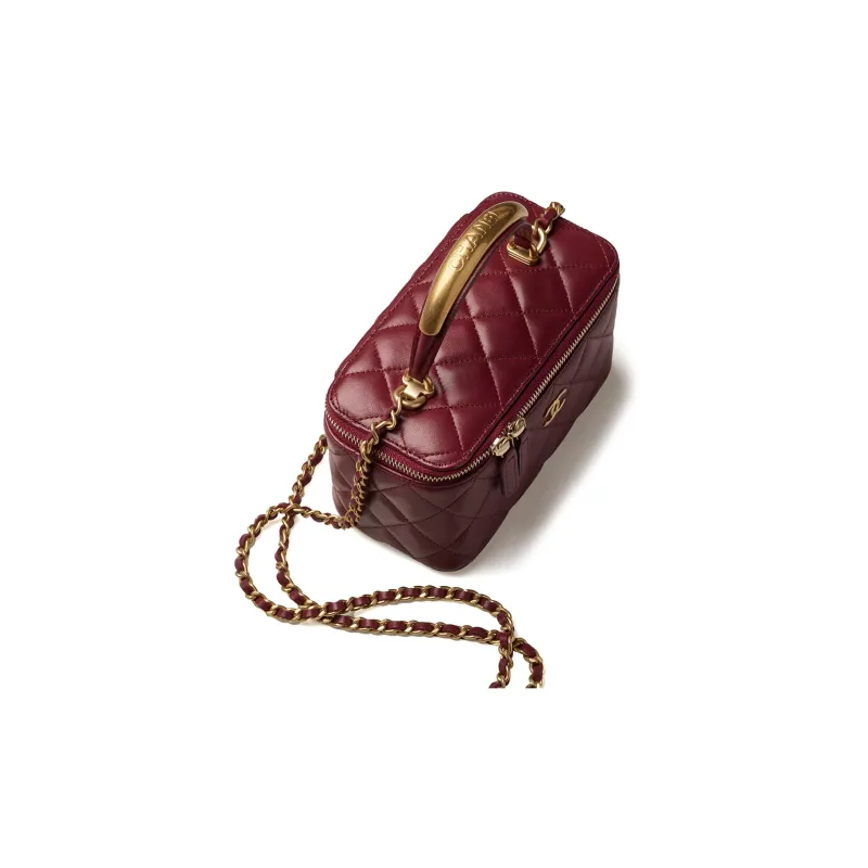 CHANEL Sheepskin Metal Makeup Bag Handbag, Shoulder Bag, Crossbody Bag Women's Burgundy-2