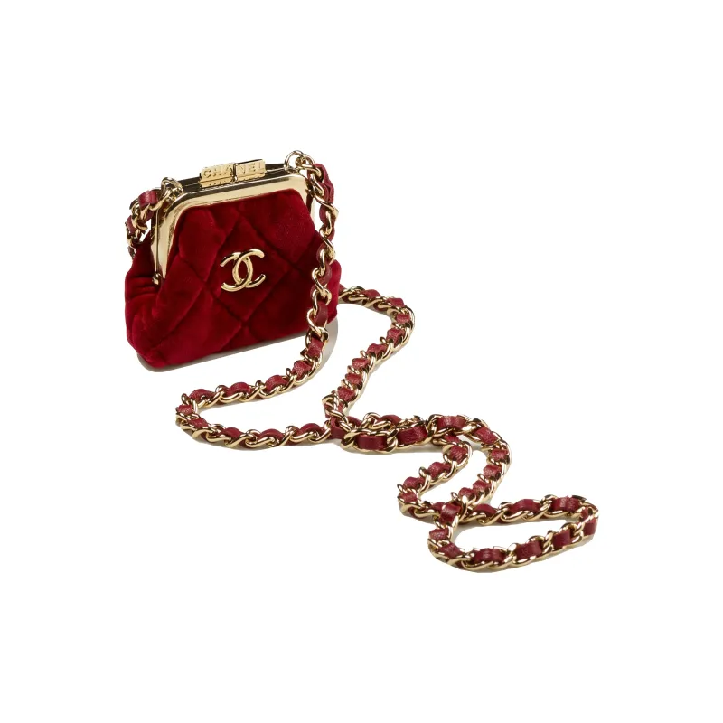 CHANEL Velvet And Gold Toned Metal One Shoulder Crossbody Clutch Regular Women's Burgundy-1