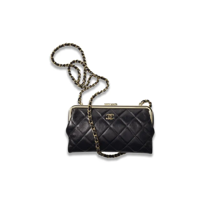 CHANEL Sheepskin One Shoulder Crossbody Clutch Women's Black-0