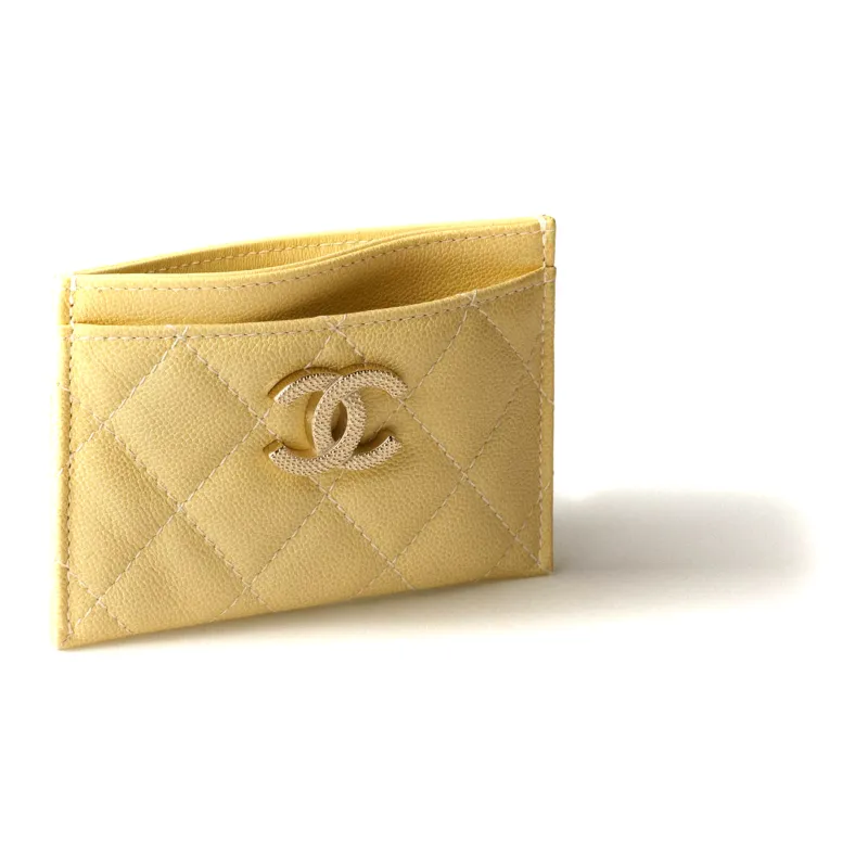 CHANEL Grain Embossed Calfskin With Gold Metal Card Holder Card Holder Women's Yellow-1