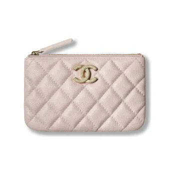 CHANEL Embossed Calfskin Pouch Clutch Trumpets Women's Light Pink