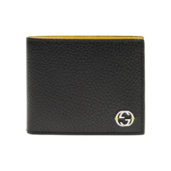 GUCCI Litchi Grain Cow Leather Wallet Men's Black & Yellow