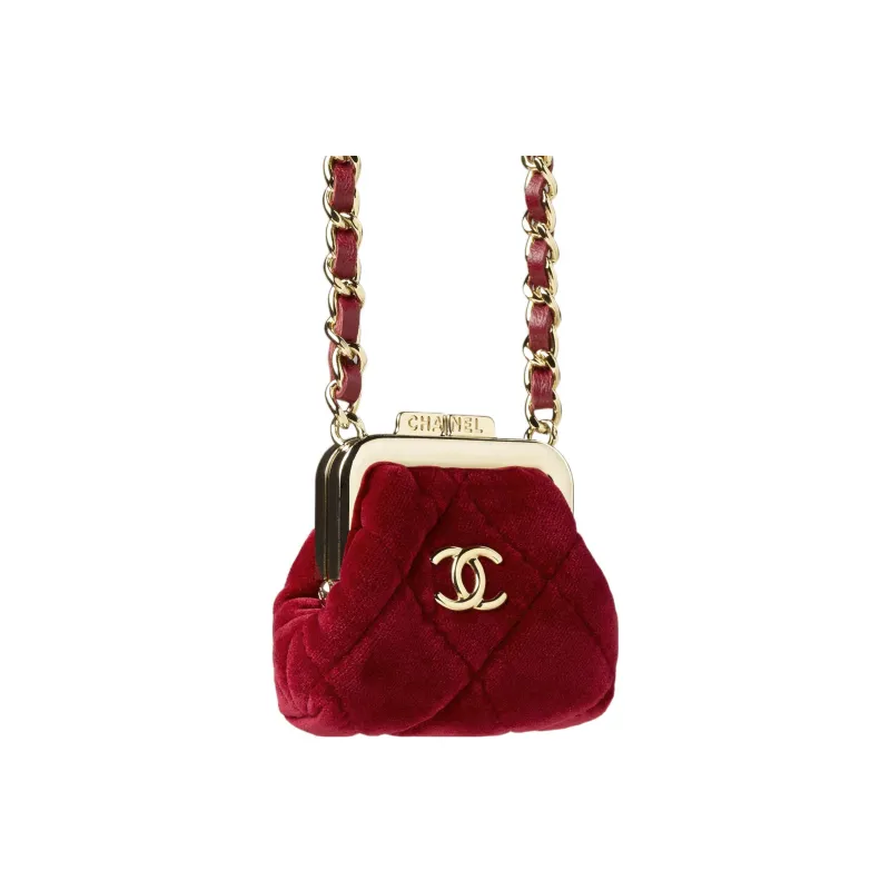 CHANEL Velvet And Gold Toned Metal One Shoulder Crossbody Clutch Regular Women's Burgundy-3