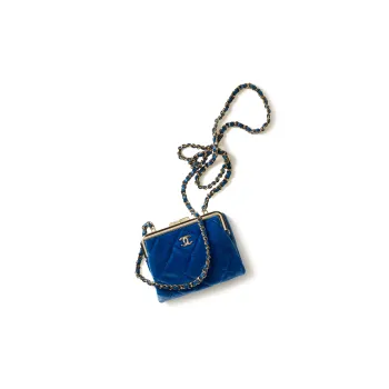 CHANEL Velour Gold Metal Clutches Shoulder Bag Crossbody Bag Women's Blue