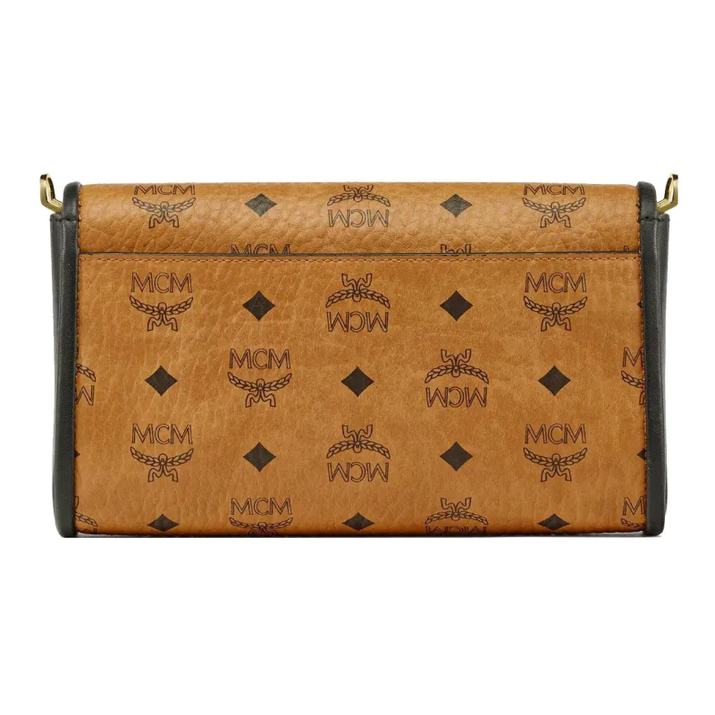 MCM Tracy Visetos Canvas With Nappa Leather Trim Clutch Wallet Crossbody Bag Medium Size Women's Brown Cognac-1
