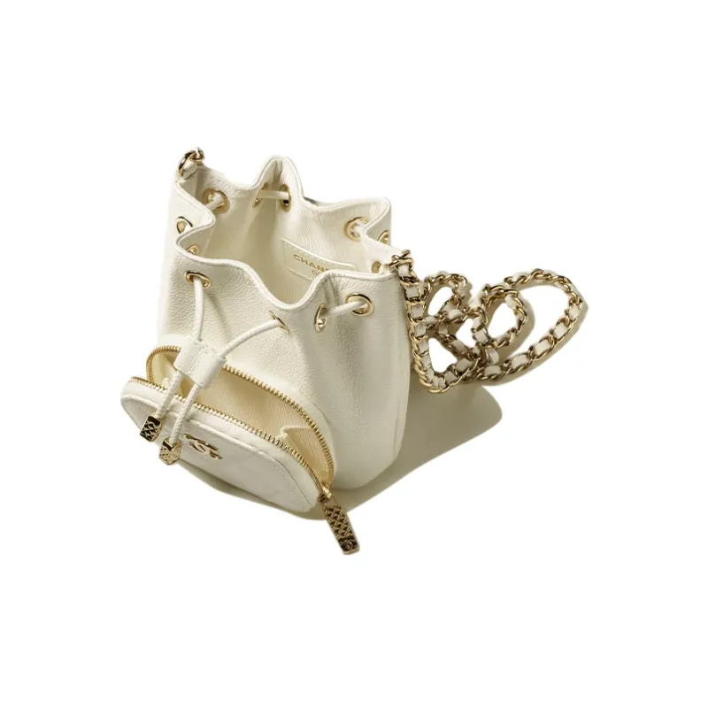 CHANEL Grain Embossed Calfskin Metal Bucket Bag, Shoulder Bag, Crossbody Bag Mini Women's White-2