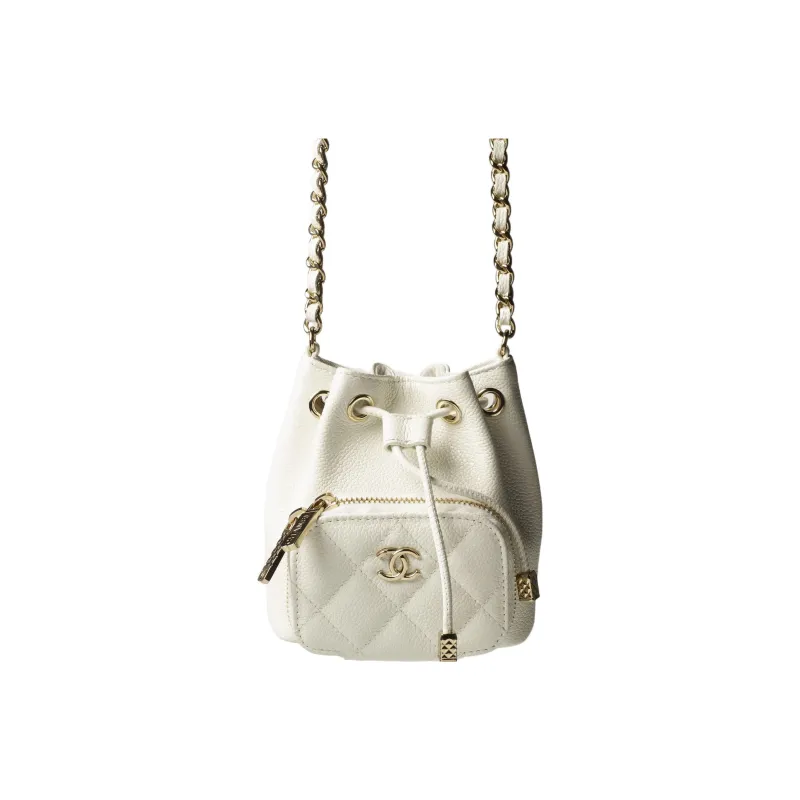 CHANEL Grain Embossed Calfskin Metal Bucket Bag, Shoulder Bag, Crossbody Bag Mini Women's White-3