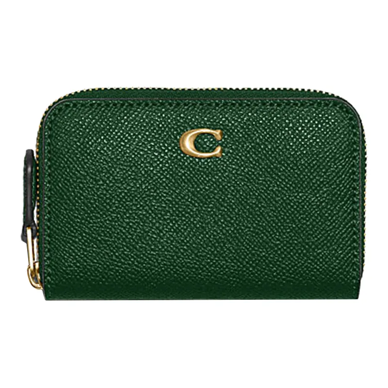 COACH Zip Around Cross-Stitch Leather Clutch Card Holder Coin Purse Mini Women's Green-0
