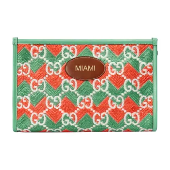GUCCI Straw With Leather Trim Makeup Bag, Clutch Women's Green/Orange