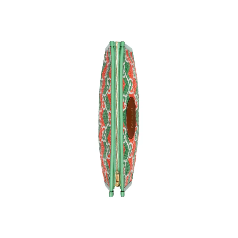 GUCCI Straw With Leather Trim Makeup Bag, Clutch Women's Green/Orange-4