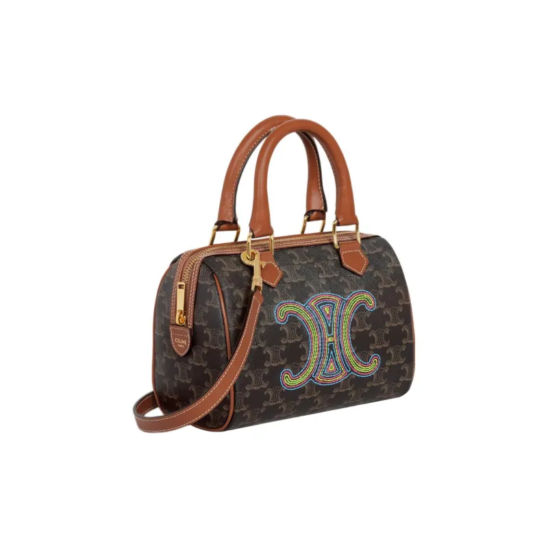 CELINE Triomphe Canvas Calfskin Boston Bag Shoulder Bag Crossbody Bag Handbag Women's Tan-1