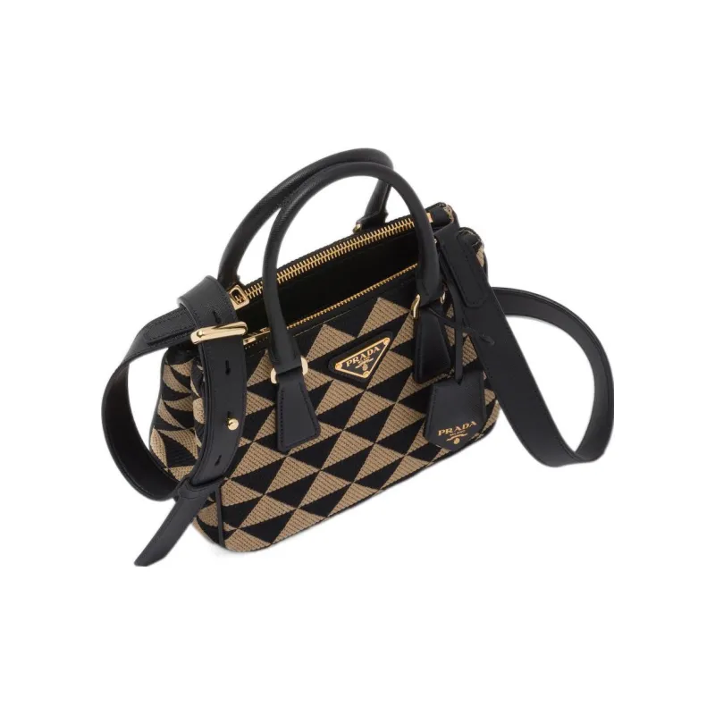 PRADA Galleria Killer Bag Embroidered Fabric With Leather Shoulder Bag Crossbody Bag Handbag Women's Black/Beige Yellow-2