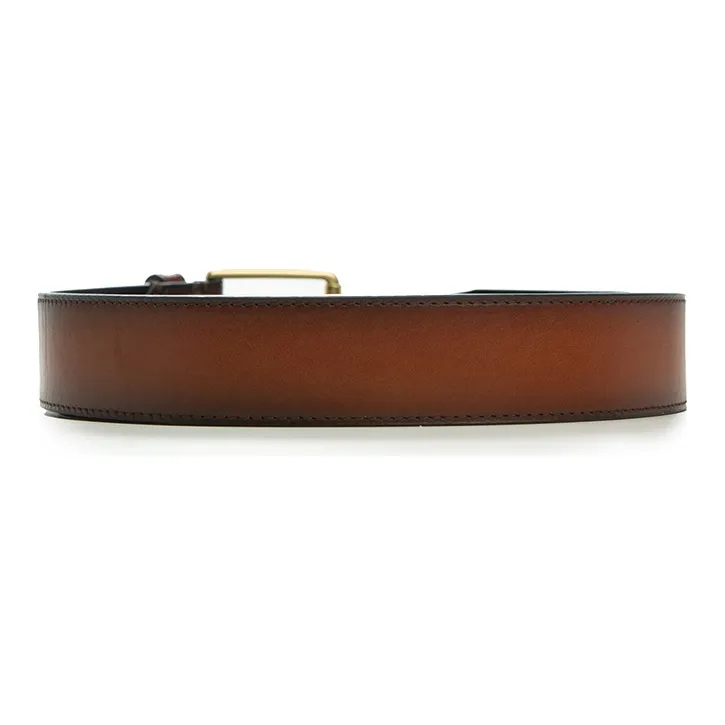 RARE Brushed Detail Small LOGO Pin Buckle Minimalist Style Belt Men's Caramel-1