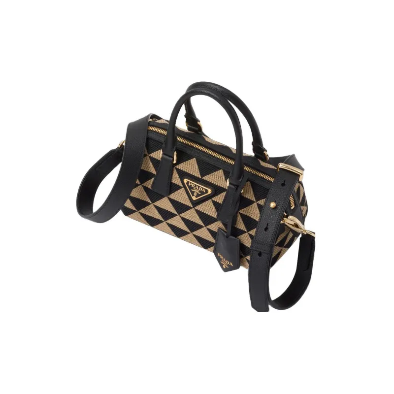 PRADA Embroidered Fabric Crossbody One Shoulder Handbags Regular Women's Black/Beige Yellow-2