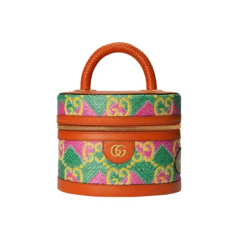 GUCCI Straw With Leather Trim Handbag Women's Green/Orange/Pink