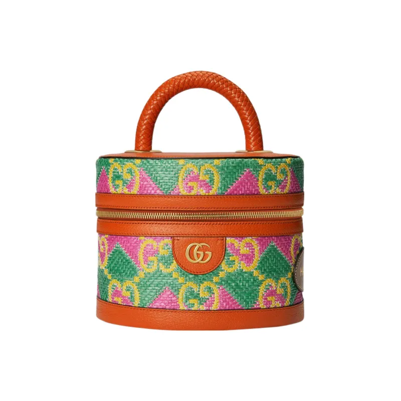 GUCCI Straw With Leather Trim Handbag Women's Green/Orange/Pink-0