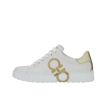 FERRAGAMO GANCINI Low Top Stylish Skateboarding Shoes Women's White Gold