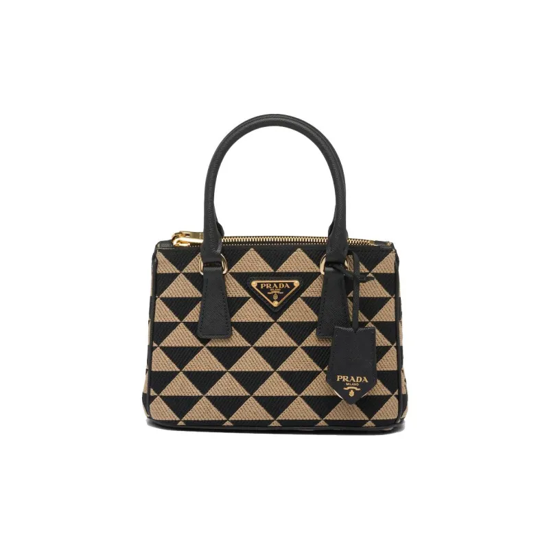 PRADA Galleria Killer Bag Embroidered Fabric With Leather Shoulder Bag Crossbody Bag Handbag Women's Black/Beige Yellow-0