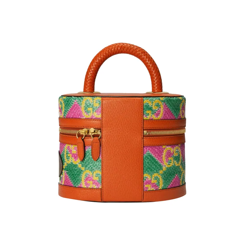GUCCI Straw With Leather Trim Handbag Women's Green/Orange/Pink-3