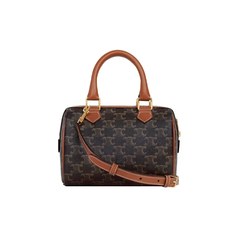 CELINE Triomphe Canvas Calfskin Boston Bag Shoulder Bag Crossbody Bag Handbag Women's Tan-4