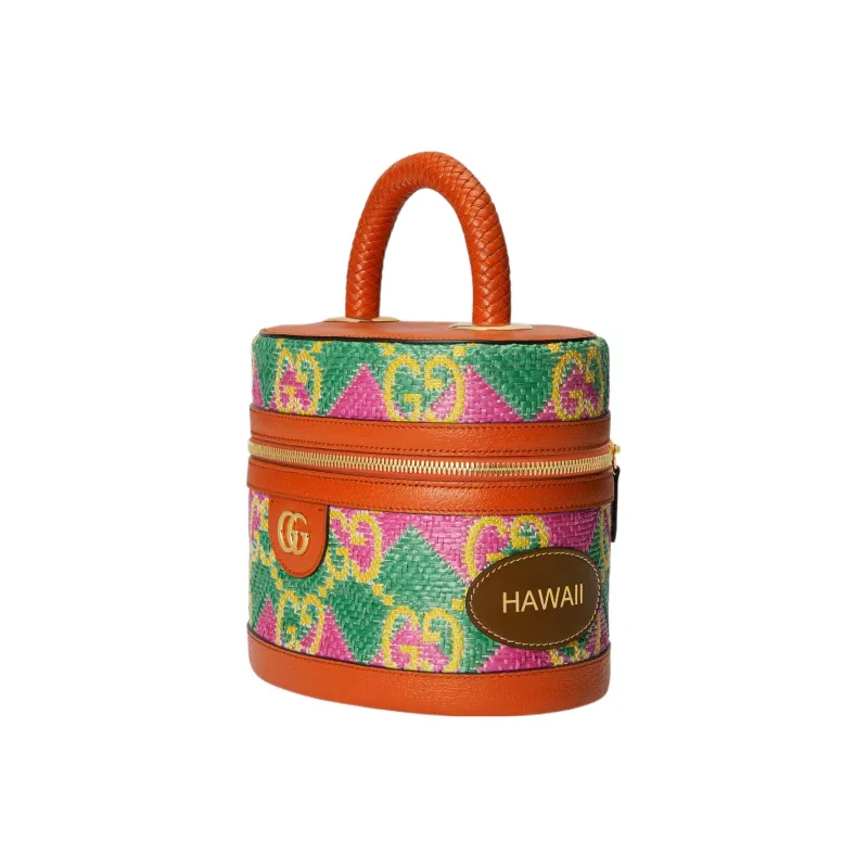 GUCCI Straw With Leather Trim Handbag Women's Green/Orange/Pink-1