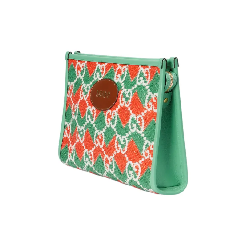 GUCCI Straw With Leather Trim Makeup Bag, Clutch Women's Green/Orange-1