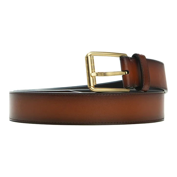RARE Brushed Detail Small LOGO Pin Buckle Minimalist Style Belt Men's Caramel-0