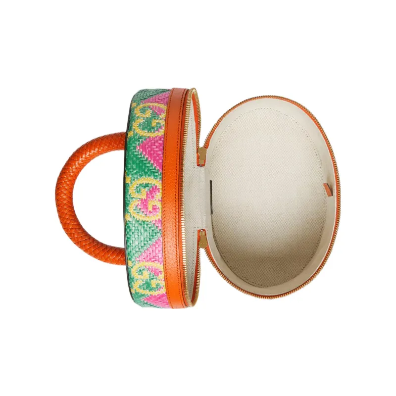 GUCCI Straw With Leather Trim Handbag Women's Green/Orange/Pink-6