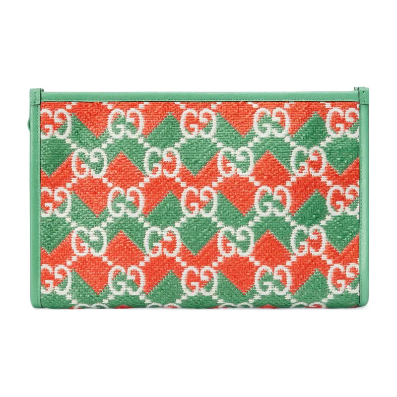 GUCCI Straw With Leather Trim Makeup Bag, Clutch Women's Green/Orange-2
