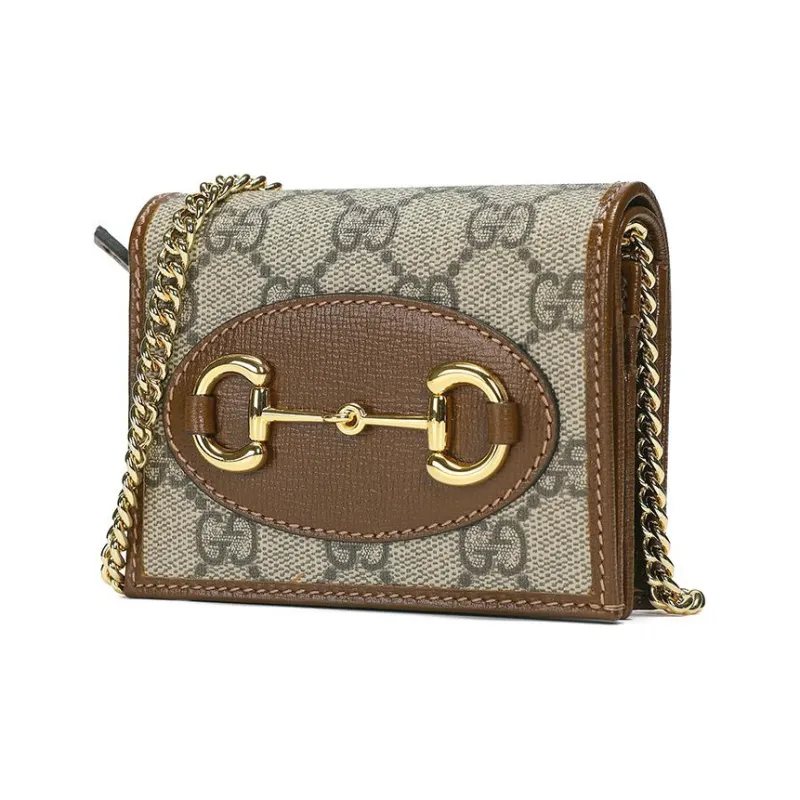 GUCCI Horsebit 1955 Canvas With Leather Chain Bag Card Holder, Wallet Regular Women's Ebony/Brown-1