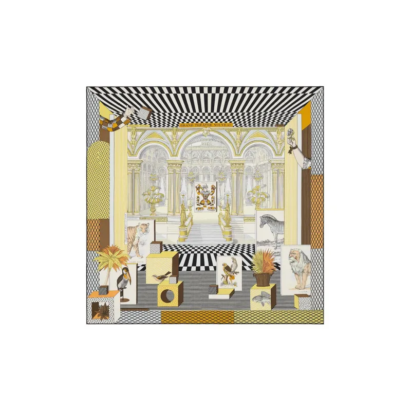 HERMES Silk Scarves Unisex Black/Light Yellow/Cream-0