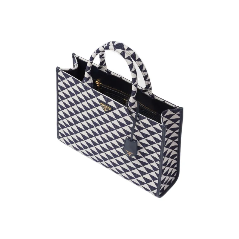 PRADA Large Symbole Embroidered Fabric Handbag Baltic Blue/Chalk White-2