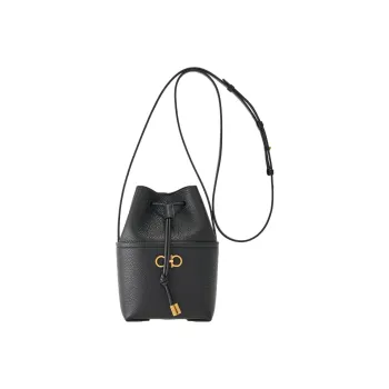 Ferragamo Gancini Logo Plaque Drawstring Bucket Bag Black