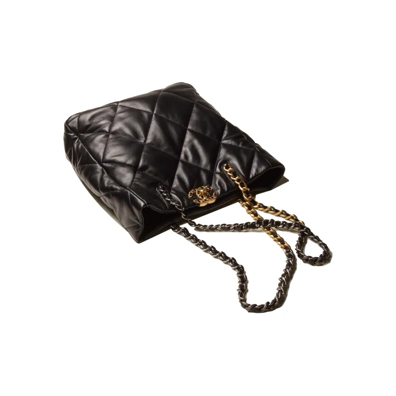 CHANEL Lambskin Gold Silver And Ruthenium Colored Metal Tote Bag, Shopping Bag, Shoulder Bag Women's Black-2