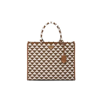 PRADA Symbole Leather Tote Bag, Shopping Bag, Handbag Tubas Women's Tobacco/Smoke White