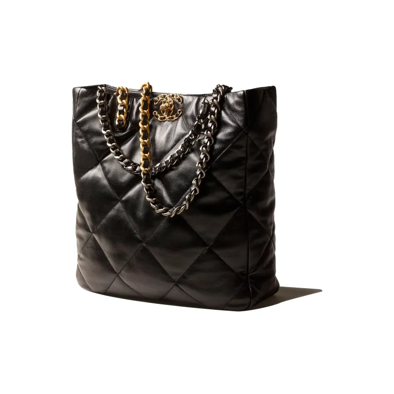 CHANEL Lambskin Gold Silver And Ruthenium Colored Metal Tote Bag, Shopping Bag, Shoulder Bag Women's Black-1