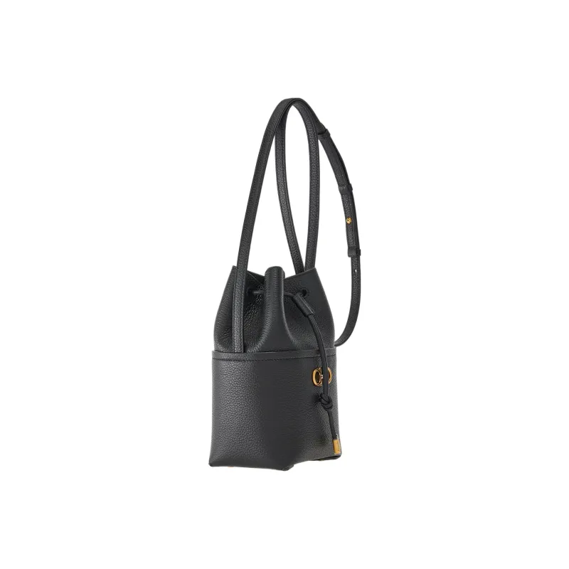 Ferragamo Gancini Logo Plaque Drawstring Bucket Bag Black-1