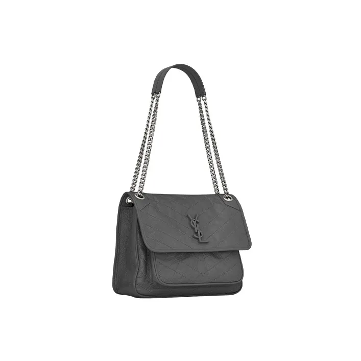 SAINT LAURENT Niki Leather Hobo Bag, Crossbody Bag, Shoulder Bag Medium Size Women's Gray White-4
