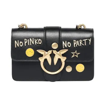 PINKO Cow Leather Swift Bag Shoulder Bag Crossbody Bag Small Size Women's Black/Black Gold