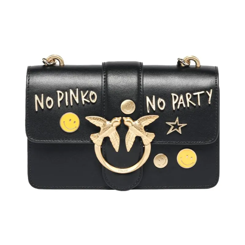 PINKO Cow Leather Swift Bag Shoulder Bag Crossbody Bag Small Size Women's Black/Black Gold-0