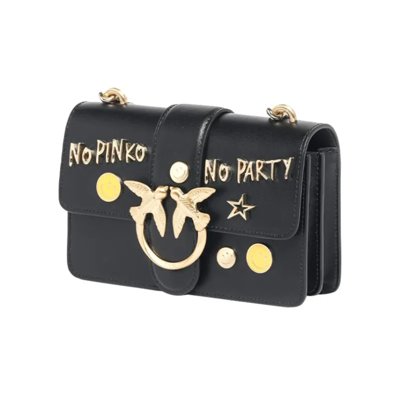 PINKO Cow Leather Swift Bag Shoulder Bag Crossbody Bag Small Size Women's Black/Black Gold-2