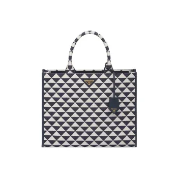 PRADA Large Symbole Embroidered Fabric Handbag Baltic Blue/Chalk White