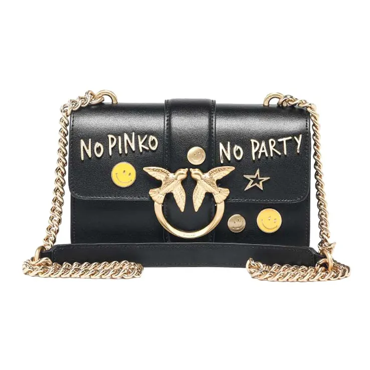 PINKO Cow Leather Swift Bag Shoulder Bag Crossbody Bag Small Size Women's Black/Black Gold-1