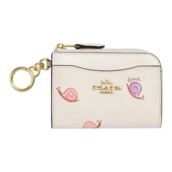 COACH Card Case Smooth Leather With Coated Canvas Coin Purses Card Holders Mini Women's Chalk White