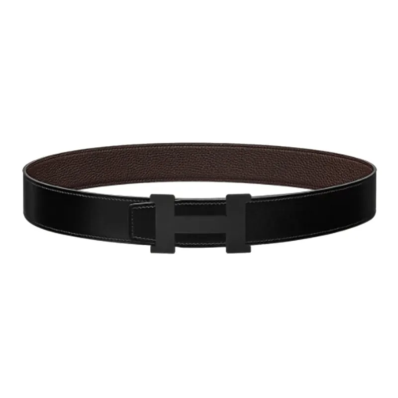 HERMES Constance Frosted Black Black Buckle Togo Calfskin Double Sided Leather Belt Men's Black/Chocolate Width  3.8cm-1