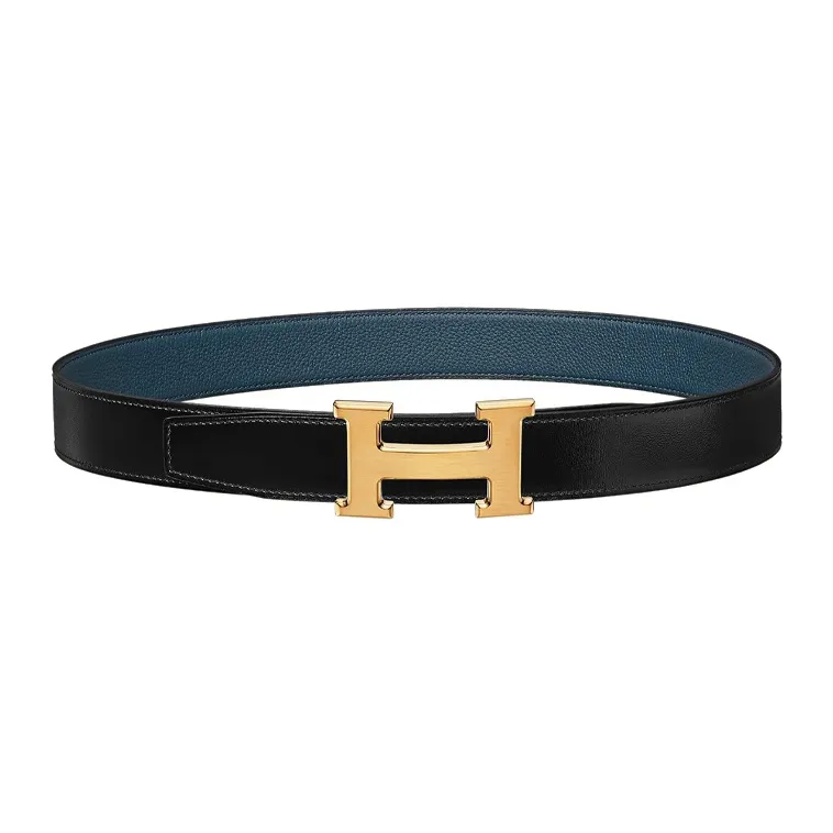 HERMES H Matte Gold Buckle Epsom Calfskin Belt Men's Black/Prussian Blue Width: 3.2cm-1